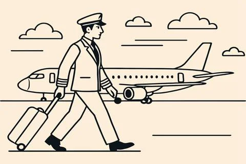 Pilot walking with suitcase next to airplane and clouds illustration Ilustración de archivo