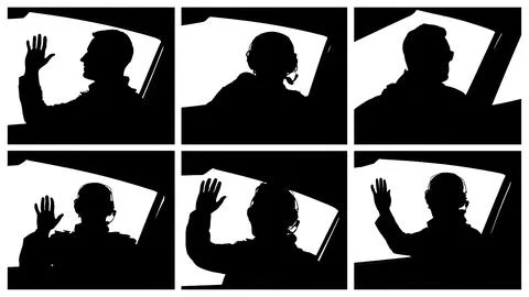 Pilot Waving Goodbye Before Flight Black Silhouettes Set Stockillustratie