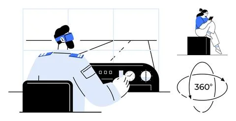 Pilot wearing VR headset operates flight simulator, person sits watching, and Stock Illustration