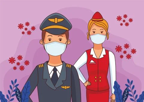 Pilot worker and receptionist using face masks Illustrazione stock