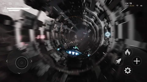Piloting Future Spaceship In 3D Mobile Gaming App To Explore Alien World Stock Footage 241120686
