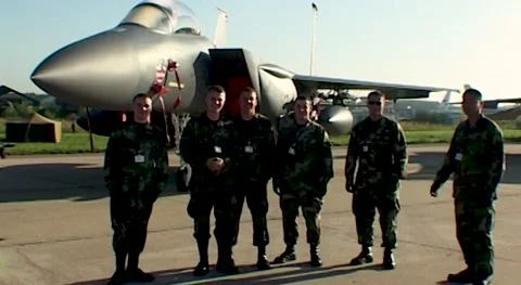 Pilots and technicians in front of aircraft McDonnell Douglas F-15 Eagle. Stock Footage 172243620