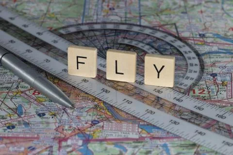 Pilot's Flight planning with navigation chart and ruler 스톡 사진