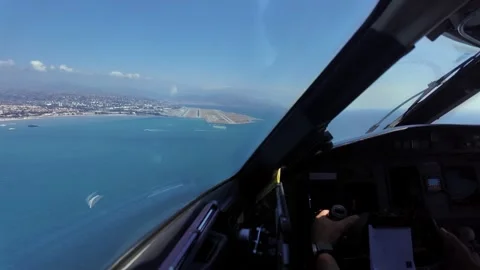 Pilot’s View in a Real Time Approach to Coastal Nice Airport in a Summer Day. Stock Footage 345184562