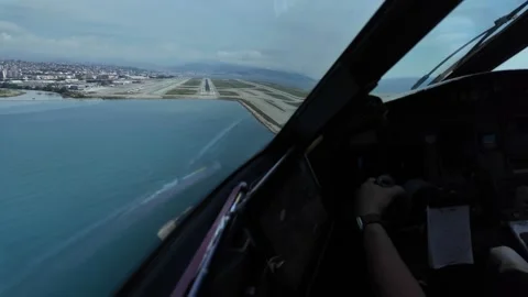 Pilot’s View Through the Cockpit Window of the Final Approach to Nice Airport Stock Footage 336443286