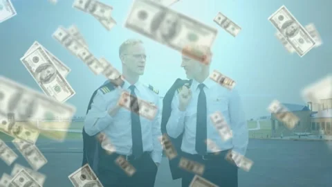 Pilots walking ramp to camera, money overlay drifting over them from start, Stock Footage 331270020