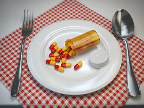 Pils in the plate with fork and spoon. Pharmacy diet nutrition concept. Stockillustratie