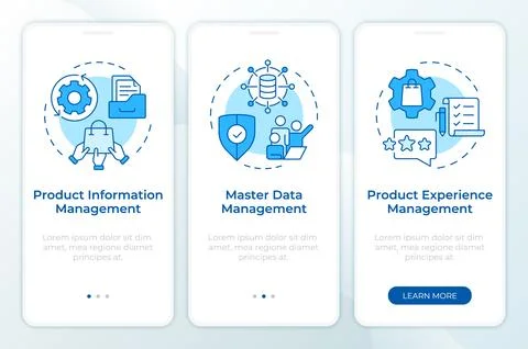 PIM vs MDM vs PEM blue onboarding mobile app screen Stock Illustration