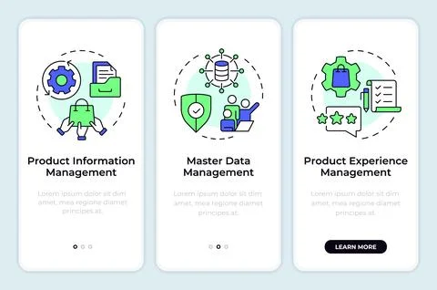 PIM vs MDM vs PEM onboarding mobile app screen Stock Illustration
