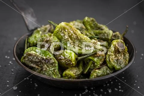 Pimientos de Padron close-up shot, selective focus Stock Photos