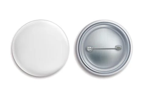 Pin badges. White round blank button, advertise metal 3d circle sign. Souvenir Stock Illustration