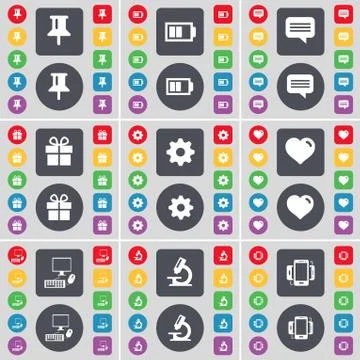 Pin, Battery, Chat bubble, Gift, Gear, Heart, PC, Microscope, Sm icon symbol. A Stock Illustration