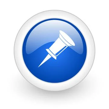 Pin blue glossy icon on white background. Illustrazione stock