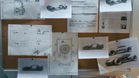 Pin Board with Car Prototype Sketches and Blueprints at Design Studio Видео 304428166
