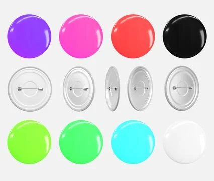 Pin button 3d render icons set. Colorful blank badges isolated on white Stock Illustration