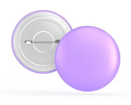 Pin button, purple lapel badge front and back view 3d render. Blank round magnet Stock Illustration