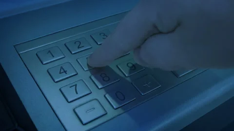 PIN Code Entered On ATM Keypad In The Evening Stock Footage 158336549