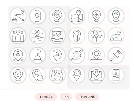 Pin Complete Vector Package with 24 128x128 Thin Line Editable Icons Stock Illustration