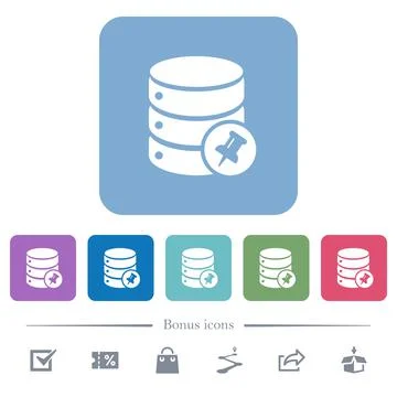 Pin database flat icons on color rounded square backgrounds 스톡 일러스트