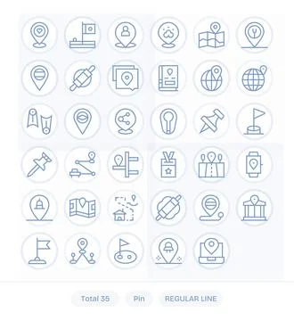Pin Design Vector Icons featuring 35 Pixel Aligned Regular Line Style Stock Illustration