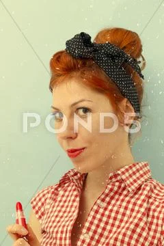 Pin-up Girl Holding Lipstick Retro Style Imagery Stock Photos