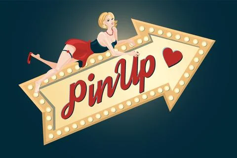 Pin-up girl with light arrow. Retro style sexy woman and vintage pointer. Stock Illustration