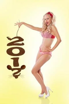 Pin up girl with new years rat Stock Photos