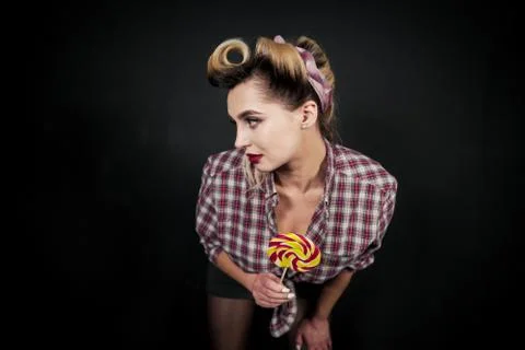 Pin-Up Girl Posing in Studio Stock Photos