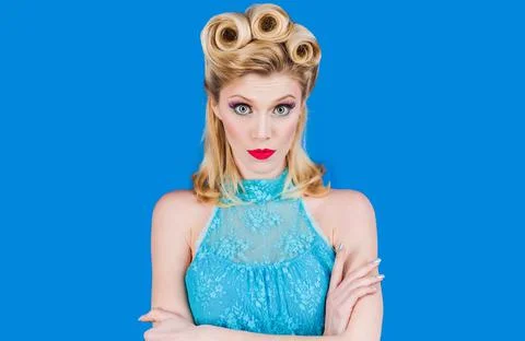 Pin up girl with trendy makeup. Retro Woman with vintage make-up and hairstyl Stock Photos