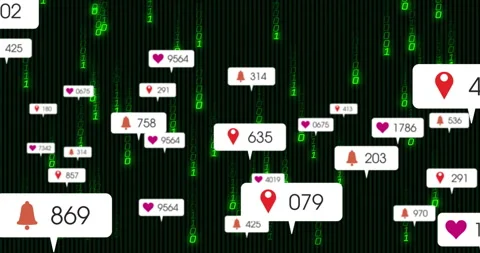 Pin icon appearing among code rain causing drifting notifications peaking then Stock Footage 314792584