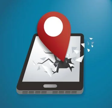 Pin icon on broken smartphone vector Stock Illustration