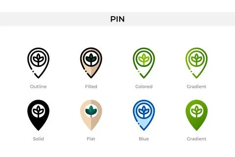 Pin icon in different style. Pin vector icons designed in outline, solid, c.. Stock Illustration