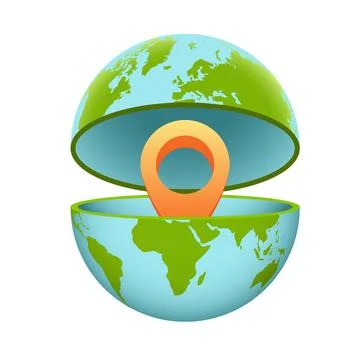 Pin inside cartoon planet. Globe with the continents. Orange color marker, is Stock Illustration