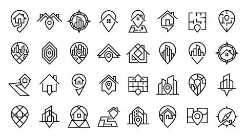 Pin location house building map icons set for navigation apps. Stock Illustration