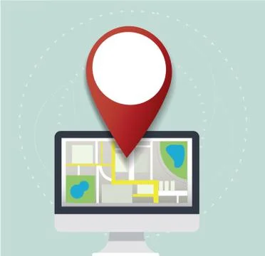 Pin location icon and map on computer vector, the concept of travel Stock Illustration
