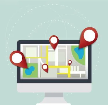 Pin location icon and map on computer vector, the concept of travel Stock Illustration