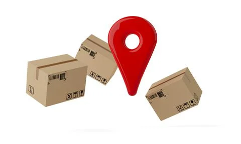 Pin location tracking marker in floating group of cardboard boxes or parcels  스톡 일러스트
