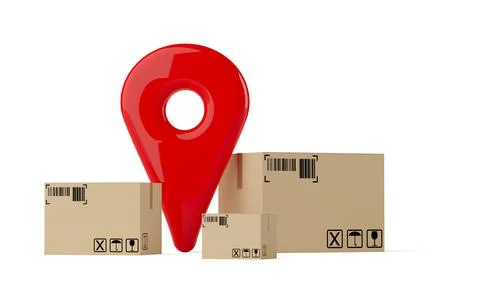 Pin location tracking marker in group of different cardboard boxes or parcels 스톡 일러스트