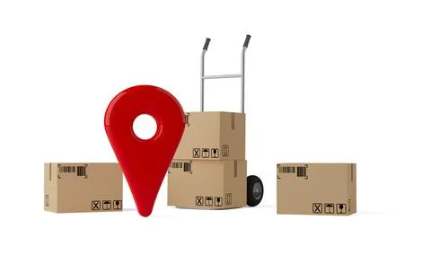 Pin location tracking marker in group of cardboard boxes or parcels with whee 스톡 일러스트
