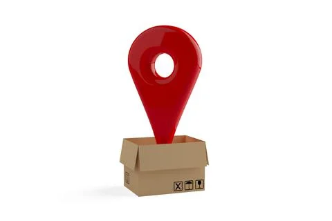Pin location tracking marker in open cardboard box or parcel over white backg Stock Illustration