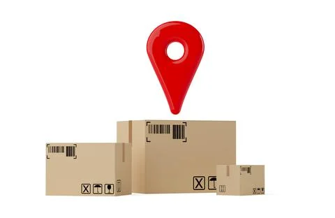 Pin location tracking marker over group of cardboard boxes or parcels on whit Illustrazione stock
