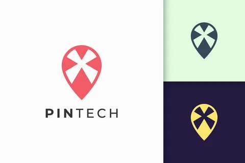 Pin logo or marker in simple line and modern shape represent technology Stock Illustration