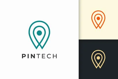 Pin logo or marker in simple line and modern shape represent technology Stockillustratie