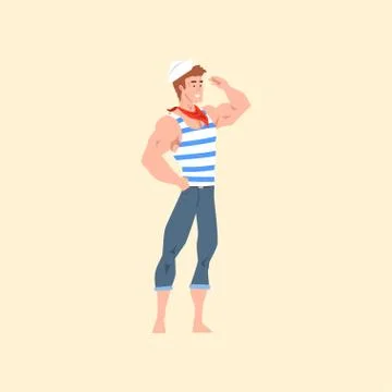 Pin-up male model posing in vintage sailor costume striped shirt, jeans, cap and Stock Illustration