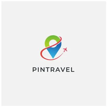 Pin map with plane for transport or travel logo design Stock Illustration