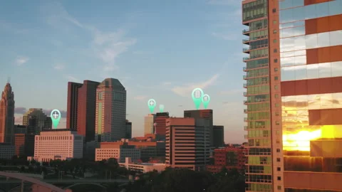 Pin markers showing points of interest on buildings in a city skyline - 3D Vídeos de archivo 170528677