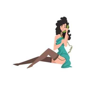 Pin-up model sitting and speaking on vintage telephone. Sensual woman in Illustrazione stock