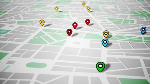 Pin Navigation Localization Icons Appear on the Map. Geotargeting and GPS. LOOP. Stock Footage 114520552