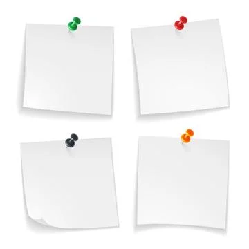 Pin notes. White note papers curled corner with pinned colored push button イラスト素材