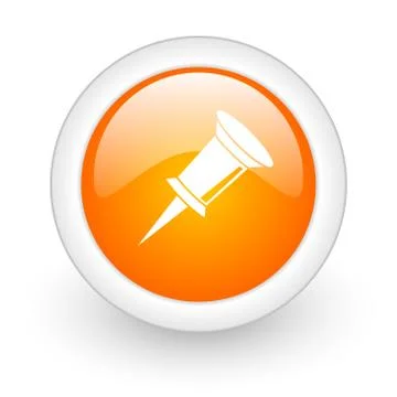 Pin orange glossy web icon on white background. Illustrazione stock